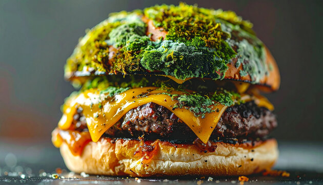 Burger with green mold and moss on bun, melted cheese and meat spoiled, decay and unappetizing - Powered by Adobe