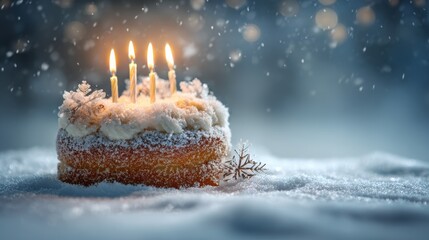 Birthday cake with candles surrounded by winter snow. Winter celebration