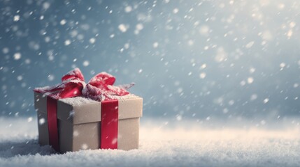 Birthday present box wrapped in ribbon covered in snow