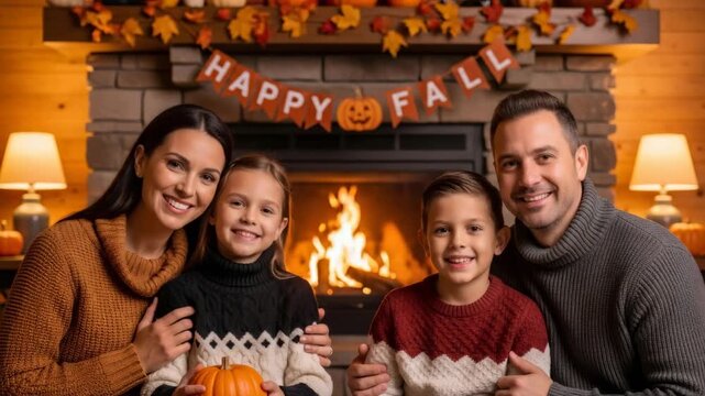 Happy Thanksgiving Day family portrait with mother, father, boy, and girl smiling by a fireplace, fall decorated home.