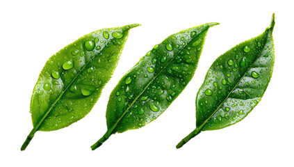 Close-up of three vibrant green tea leaves, glistening with water droplets.  A highlighted edge frames each leaf