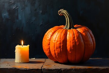 Halloween pumpkin and candle on dark background.