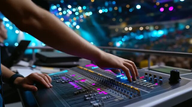 Faceless sound engineer adjusting controls on a glowing mixing console during a concert, blurred stage lights in the distance, with copy space.