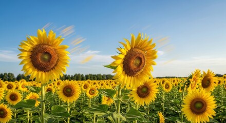 Beautiful sunflower field under a clear blue sky on a sunny day