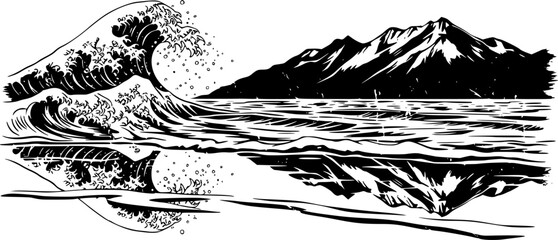 Obraz premium Grunge stencil art of ocean waves and mountain reflection 