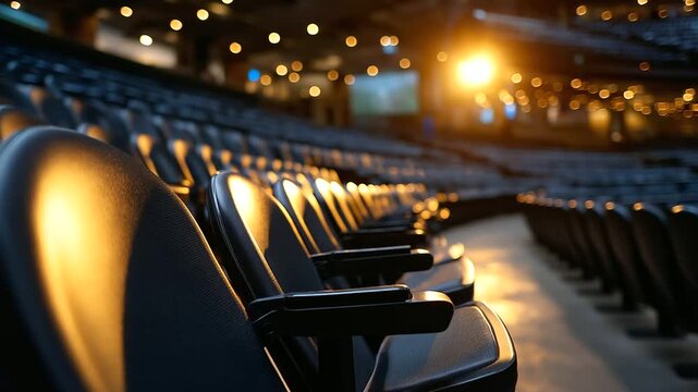 Rows of empty seats illuminated by gentle golden light from the stage, defocused foreground for depth and serenity, with copy space.