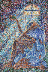 Watercolor pointillism painting depicting Gudule, Esmeralda&rsquo;s mother, in the cellar. Inspired by Victor Hugo&rsquo;s The Hunchback of Notre-Dame. Part of a 20-piece themed collection