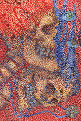 Pointillist watercolor depicting the entwined skeletons of Quasimodo and Esmeralda, symbolizing their tragic union in death. Inspired by Victor Hugo&rsquo;s The Hunchback of Notre-Dame. One of 20 works