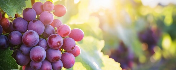 Close up detailed view of ripe purple grapes growing on vine in sunlit vineyard with natural green background