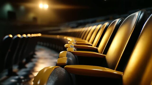 Rows of empty seats illuminated by gentle golden light from the stage, defocused foreground for depth and serenity, with copy space.