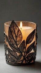 Lit candle in decorative glass holder with leaf design