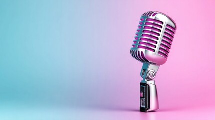 Vintage microphone on a vibrant pink and blue gradient background