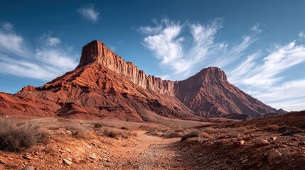 Naklejka premium Dramatic landscape of red rock mountains under a bright blue sky