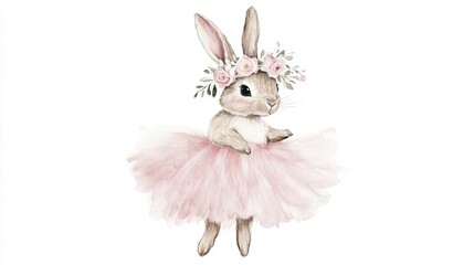 Obraz premium Bunny twirling in fluffy pink tutu wearing floral headband with soft beige accents
