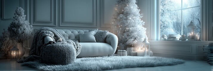 A plush gray sofa and bean bag sit in a snowy, Christmas tree-lit room. The scene captures warmth, holiday comfort, and inviting relaxation.