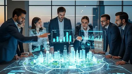 Dynamic business team analyzing future city development plans with interactive holographic technology in modern office space for innovation - Powered by Adobe