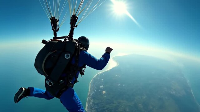 Skydiver flying high above coastline and ocean with parachute open, bright sun flares overhead on a clear day