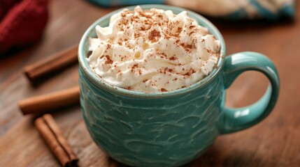 Steaming mug of coffee with creamy whipped topping and cinnamon spice on wooden table surface in cozy setting