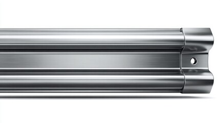 Close-up of a shiny, metallic guardrail isolated on a white background