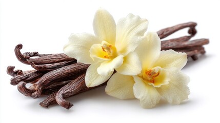 Vanilla beans with flowers, a fragrant spice used in baking and flavoring