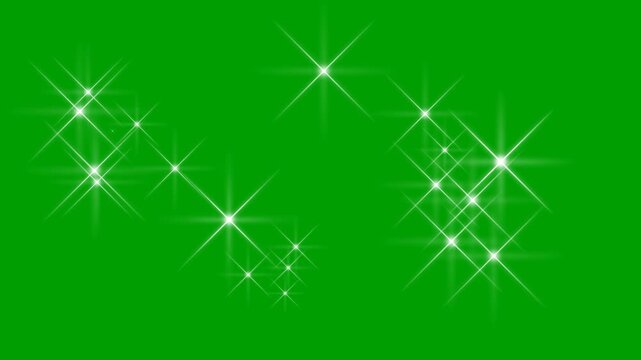 Bright white glitter sparkle star animation on green screen for easy chroma key editing. 4k cartoon stars animation video for overlays, festive intros, logo reveals, beauty ads transition effects.