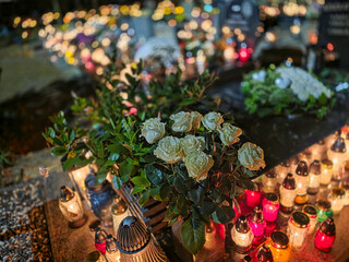 Traditional Polish cemetery on All Saints&rsquo; Day, glowing with countless candles at night. A moving cultural and spiritual tradition captured in vivid light and color.