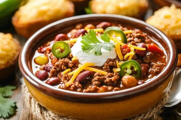 A rich flavorful bowl of beef and bean chili simmered with ground beef kidney beans black beans and a blend of spices in a rustic ceramic dish