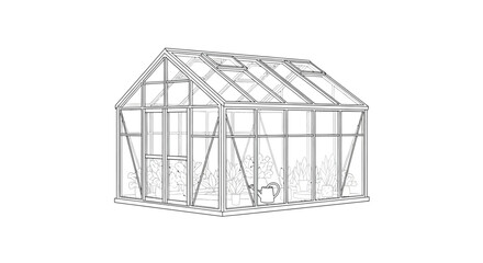 Simple line drawing of a classic greenhouse with a transparent structure