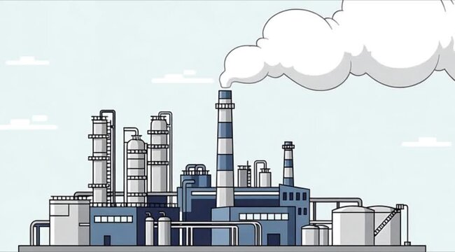 Animated Illustration of a Modern Industrial Factory with Smokestacks Emitting Smoke