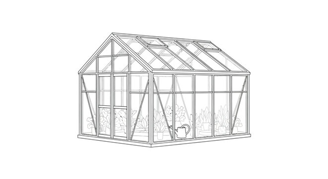 Simple line drawing of a classic greenhouse with a transparent structure