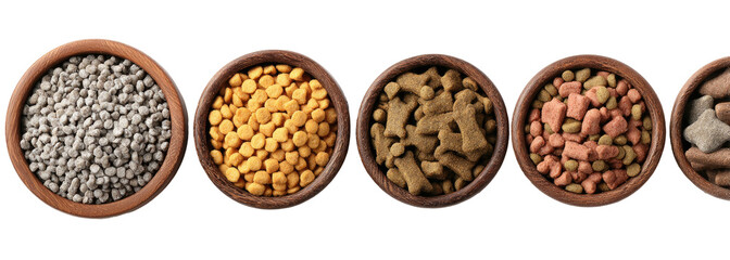 Assorted dog food in wooden bowls