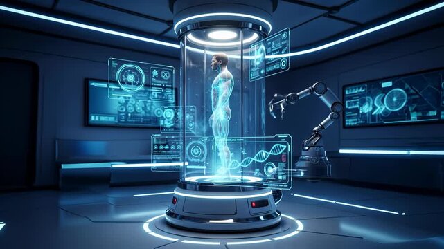 Human body with holographic data and DNA sequence is scanned in a futuristic medical or cloning chamber