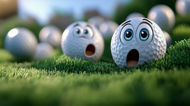 golf balls with animated eyes and mouths look shocked on a lush green. The playful image captures humor, surprise, and lighthearted fun.