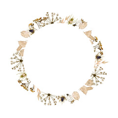 Watercolor dry grass and flowers wreath illustration. Isolated on white background. For fabric, wrapping, cards, banner, poster, invitation gift.