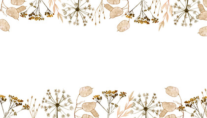 Frame of watercolor dry grass. Horizontal hand drawn elegant botanical illustration. Can be used for wedding, birthday, greeting cards, banners, templates and cosmetic.