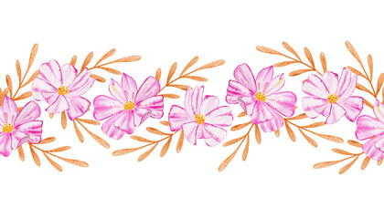 Seamless pattern of pink flowers and gold leaves. Horizontal template for banner or wedding invitation. Watercolor botanical illustration with plants.