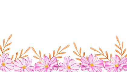 Horizontal border of pink flowers and gold leaves on white background with space for text. Watercolor illustration drawn by hand.