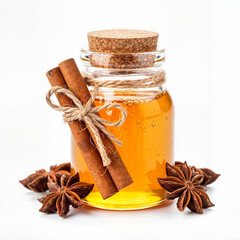 Jar of honey with cinnamon sticks and star anise isolated  on white background  