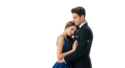 Elegant couple embracing sweetly during a celebratory moment with confetti