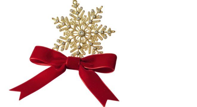Festive gold snowflake with elegant red velvet bow for holiday cheer, seasonal greetings, and joyful celebration designs