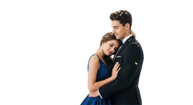 Elegant couple embracing sweetly during a celebratory moment with confetti