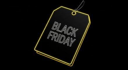 Black friday sale tag with yellow neon light effect on black background