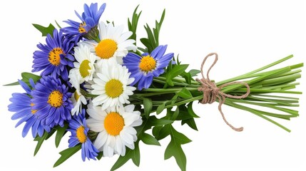 Closeup of daisies cornflowers and chrysanthemums bouquet tied with twine on white