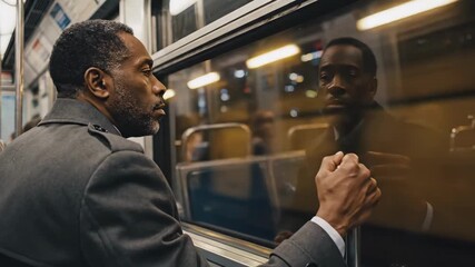 evening commuter lost in thoughts, passenger in coat contemplates alone while gazing through window glass, an introspective traveler in evening attire reflects on solitude during station - Powered by Adobe