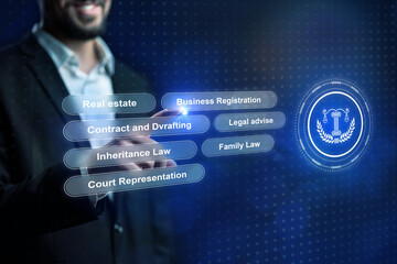 Legal services provided through digital technology with various practice areas highlighted