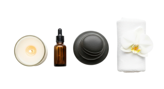 Spa day essentials featuring a candle, aromatherapy oil, hot stones, and an orchid towel for ultimate relaxation and self-care