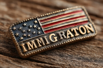 Creative badge pin design featuring American flag and immigration theme