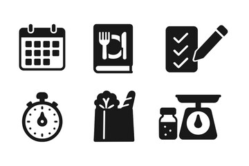 Meal Planning Icons. Meal planning. Filled icon set of meal planning: calendar, recipe book, checklist, pencil