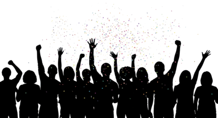 Silhouette of a crowd cheering under falling confetti in celebration of New Year's Eve or business milestone success