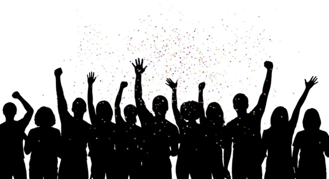 Silhouette of a crowd cheering under falling confetti in celebration of New Year's Eve or business milestone success